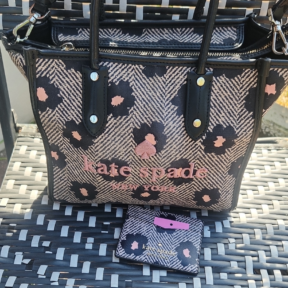 Kate Spade Herringbone And Pink Floral Tote & Card Holder